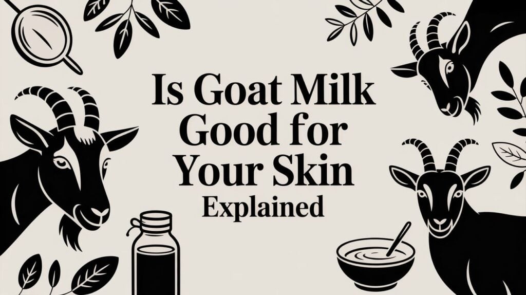 Alt text: Illustration of goat milk bottle and goats with leaves, highlighting skin benefits.
