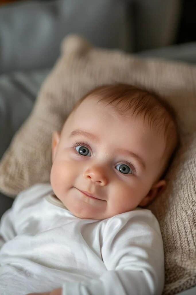 Close-up of adorable baby with bright blue eyes and a gentle smile, lying on a cozy pillow.
