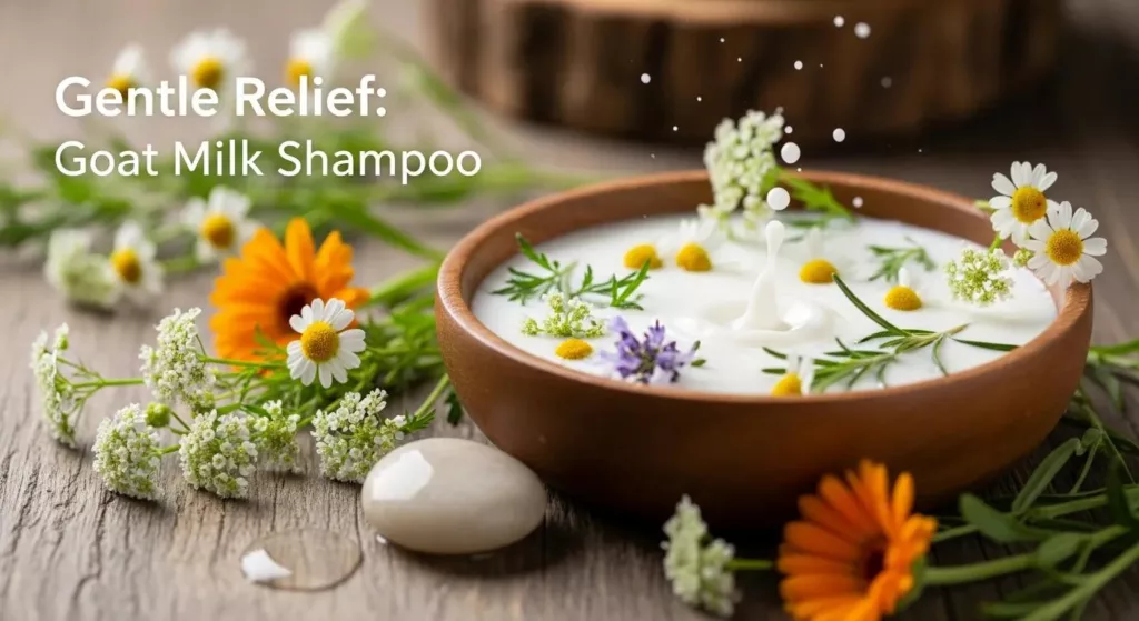 Gentle goat milk shampoo in bowl with daisies and herbs, rustic wooden surface, floral natural skin care.