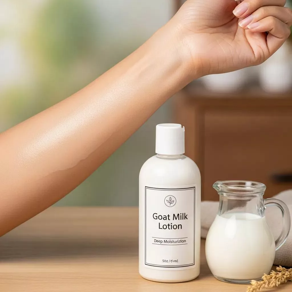Creamy goat milk lotion for skin hydration, natural skincare with goat's milk.