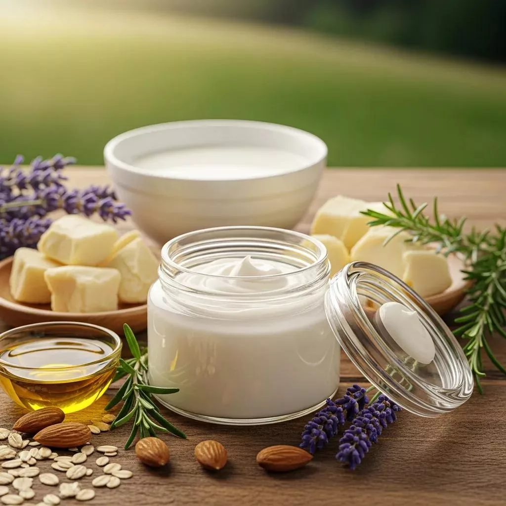 Organic lavender, shea butter, and essential oils for soothing skin.