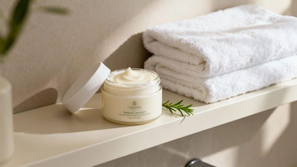 Gentle skincare cream in jar with clean white towels, perfect for luxurious self-care routines.