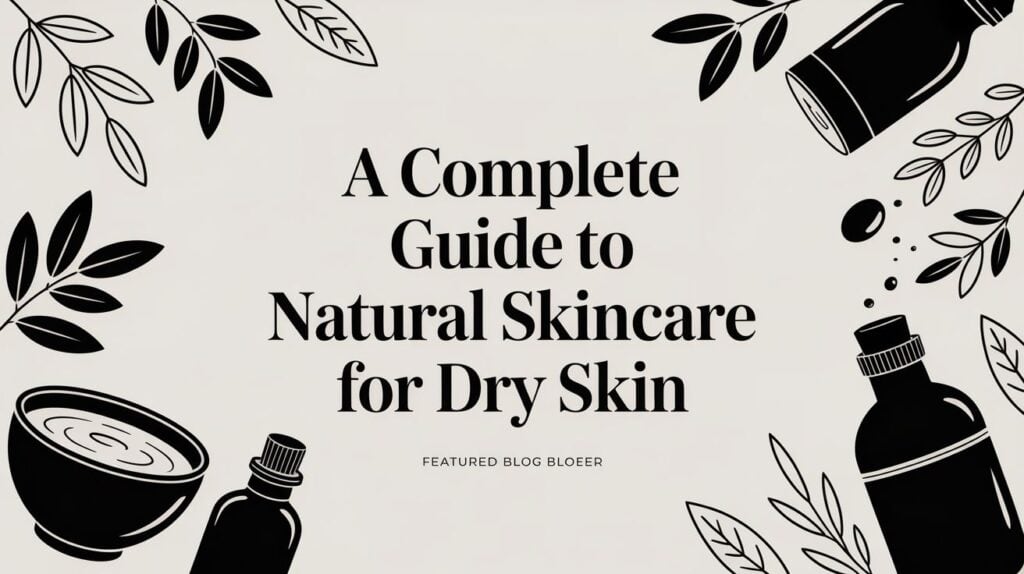 Elegant illustration of skincare bottles and leaves for dry skin.