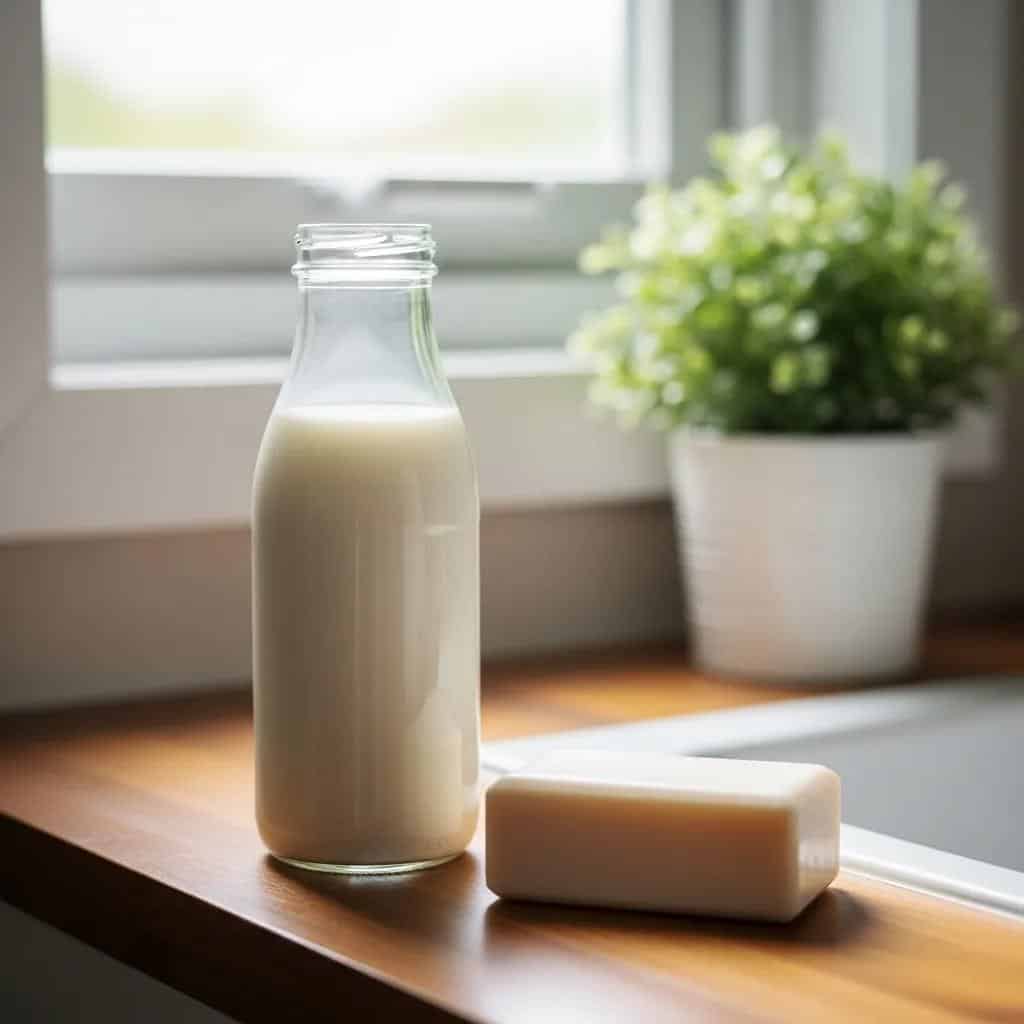 Goat milk and soap on a bathroom counter, emphasizing natural skincare for psoriasis