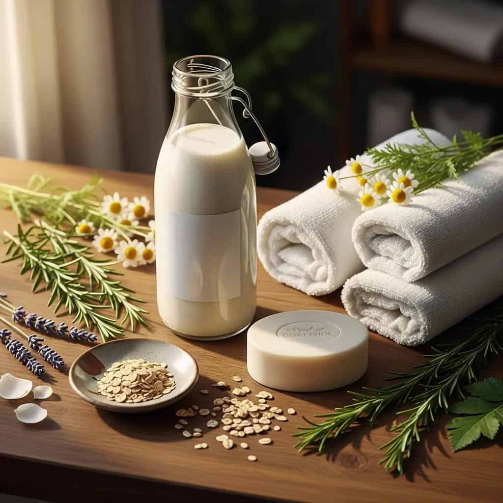Goat milk and soap on a wooden countertop, highlighting natural skincare benefits