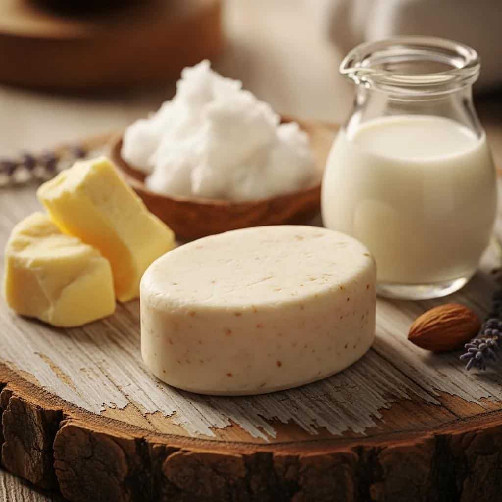 Handmade goat milk shampoo bar with natural ingredients for dry scalp relief